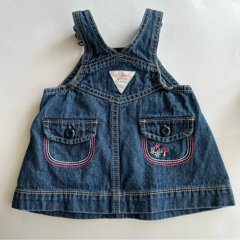 OshKosh B’Gosh Denim Overalls Dress Embroidered Rainbow Mushroom